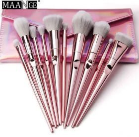 Maange 10pcs Makeup Brush Set WITH PINK HOLOGRAPHIC BAG