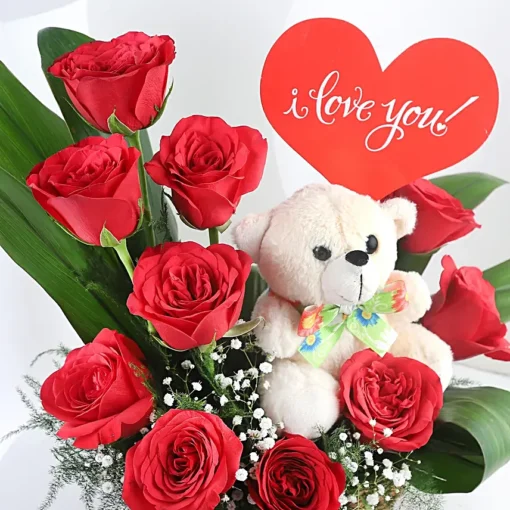 red roses arrangement with love tag teddy 2