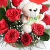 red roses arrangement with love tag teddy 3