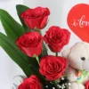 red roses arrangement with love tag teddy 4