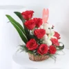 red roses arrangement with love tag teddy 5